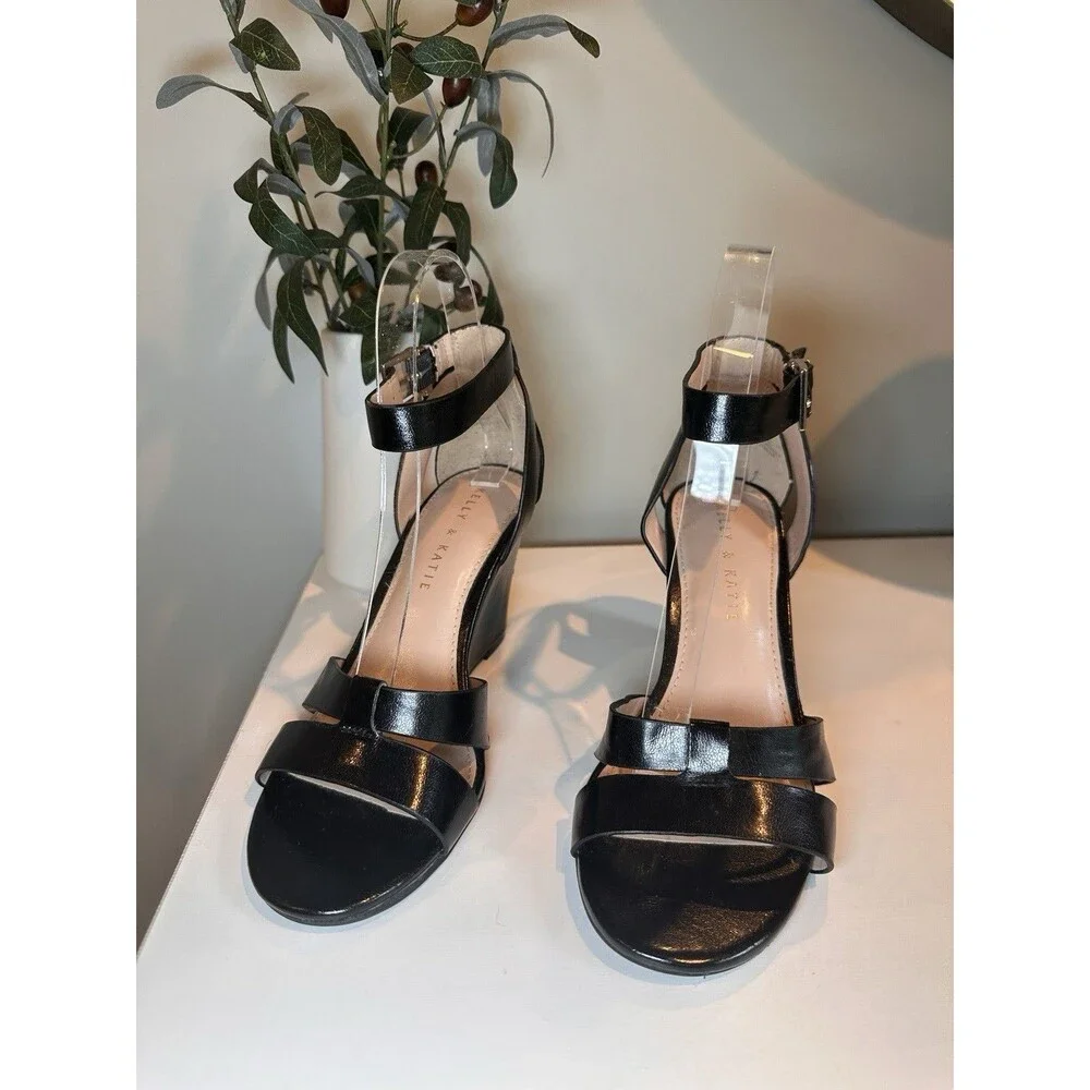 Kelly & Katie Black Ankle Strap Wedge Sandals Heels Womens Size 7M Summer Casual